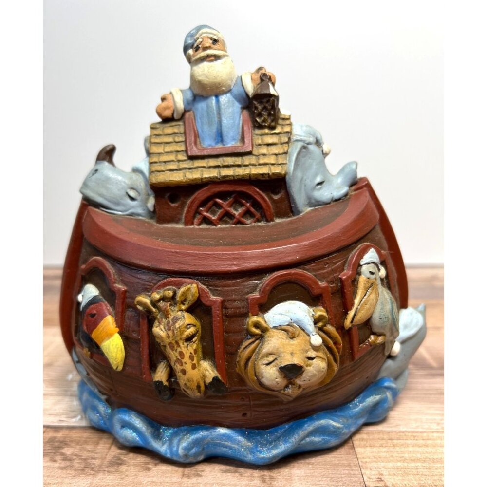 Hand-Painted Noahs Ark Figurine Bank With Animals & Blue Waves